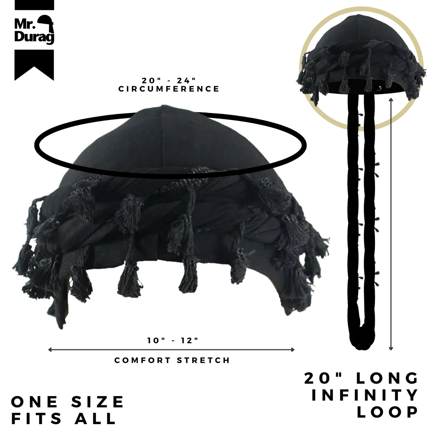 Mr. Durag Silky Spandex Crown Turban with Tassel L/XL, 1 Count Men's Halo Turban, Black