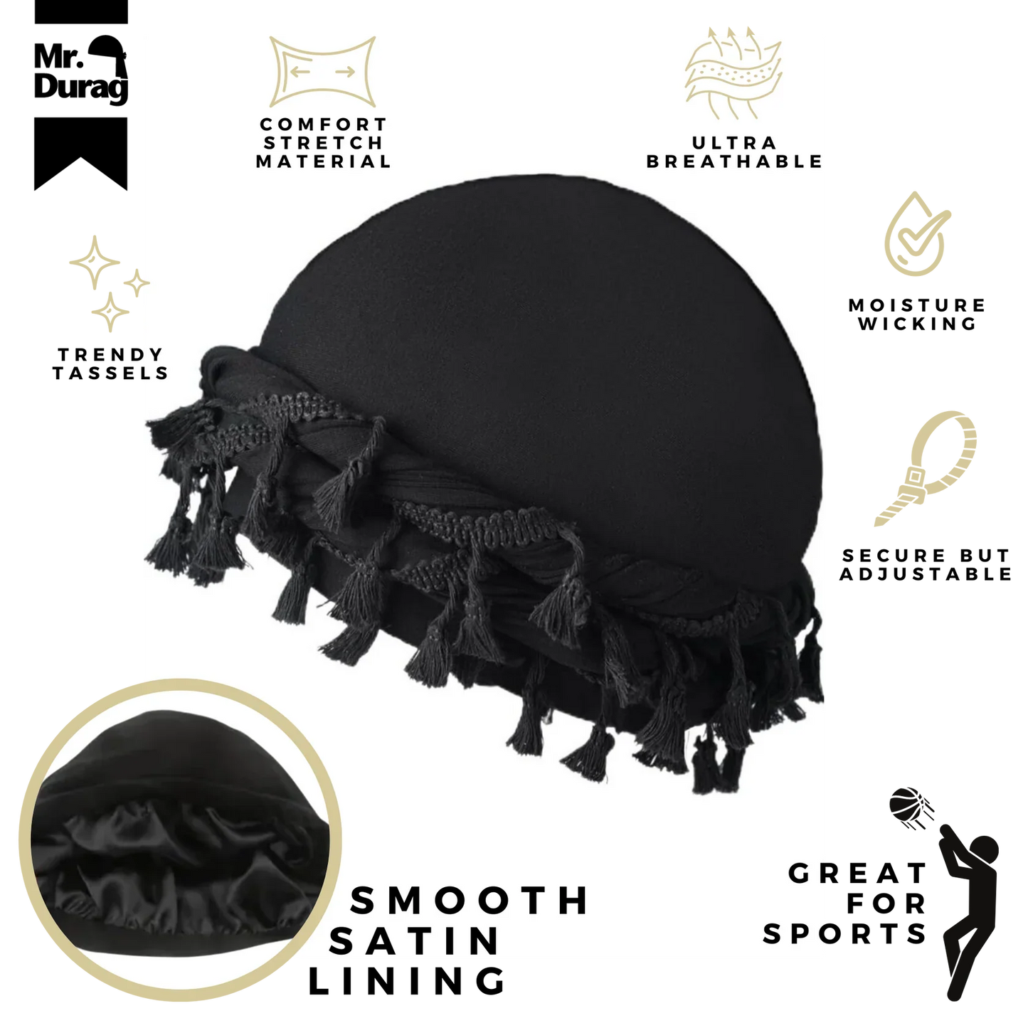 Mr. Durag Silky Spandex Crown Turban with Tassel L/XL, 1 Count Men's Halo Turban, Black