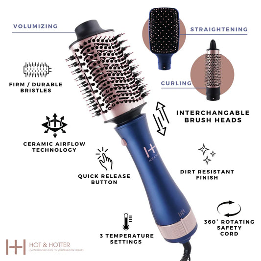 Hot & Hotter All-In-One Interchangeable Hair Dryer Brush, 1 Count Hair Styling Tool Set, Blue