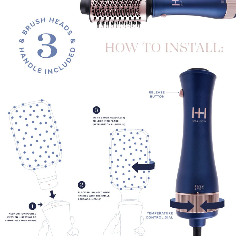 Hot & Hotter All-In-One Interchangeable Hair Dryer Brush, 1 Count Hair Styling Tool Set, Blue