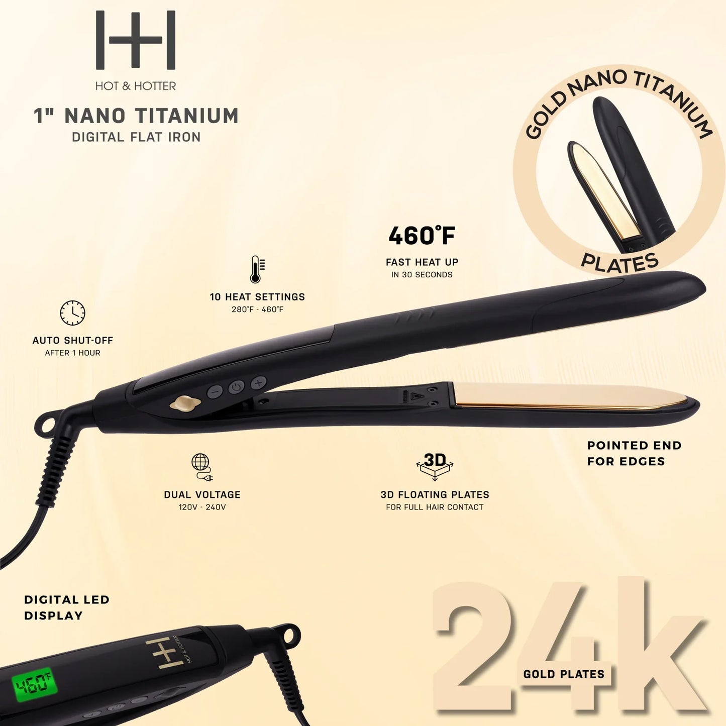 Hot & Hotter Digital Nano Titanium Flat Iron with Gold Plates 1in, 1 Count Hair Straightener, Black