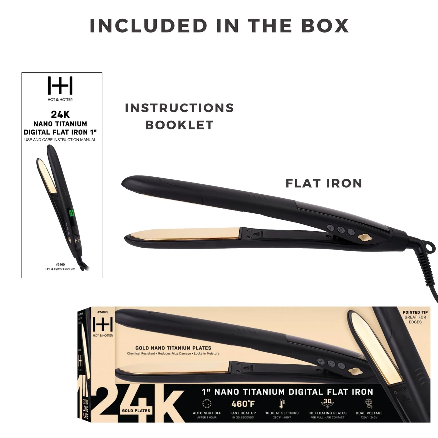 Hot & Hotter Digital Nano Titanium Flat Iron with Gold Plates 1in, 1 Count Hair Straightener, Black