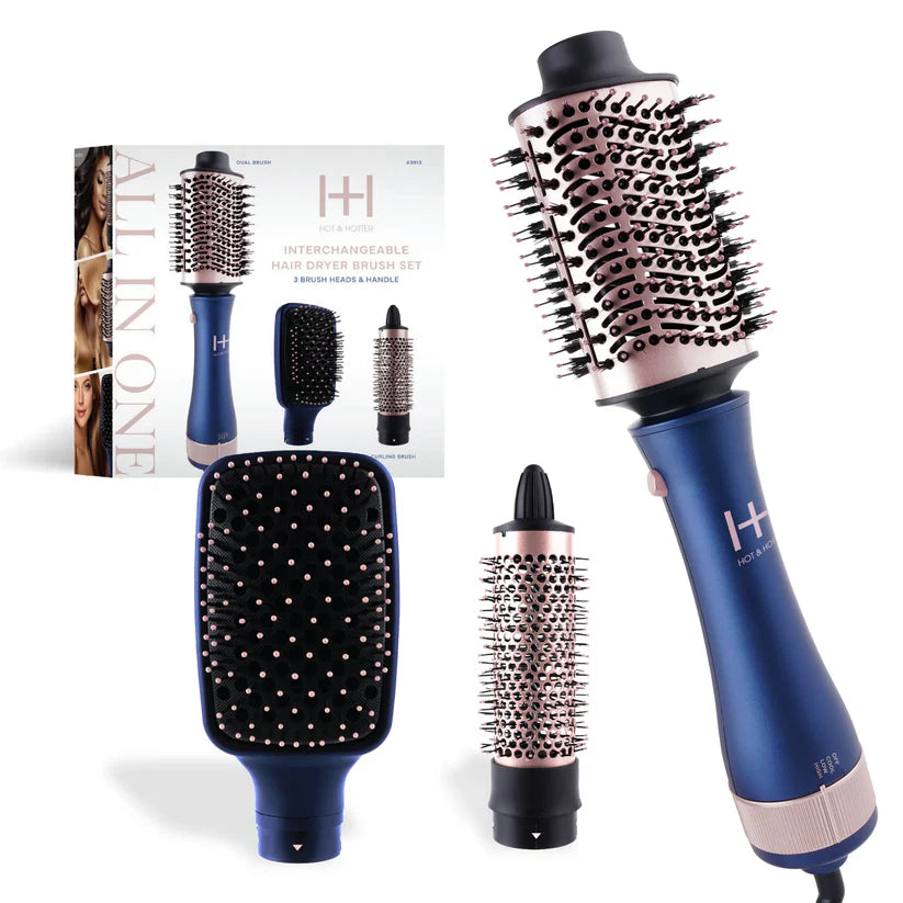 Hot & Hotter All-In-One Interchangeable Hair Dryer Brush, 1 Count Hair Styling Tool Set, Blue